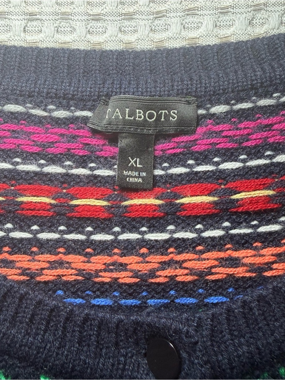 Talbots XL Nordic Fair Isle Button Cardigan Sweater Blue Wool Blend Cottagecore - Picture 2 of 7
